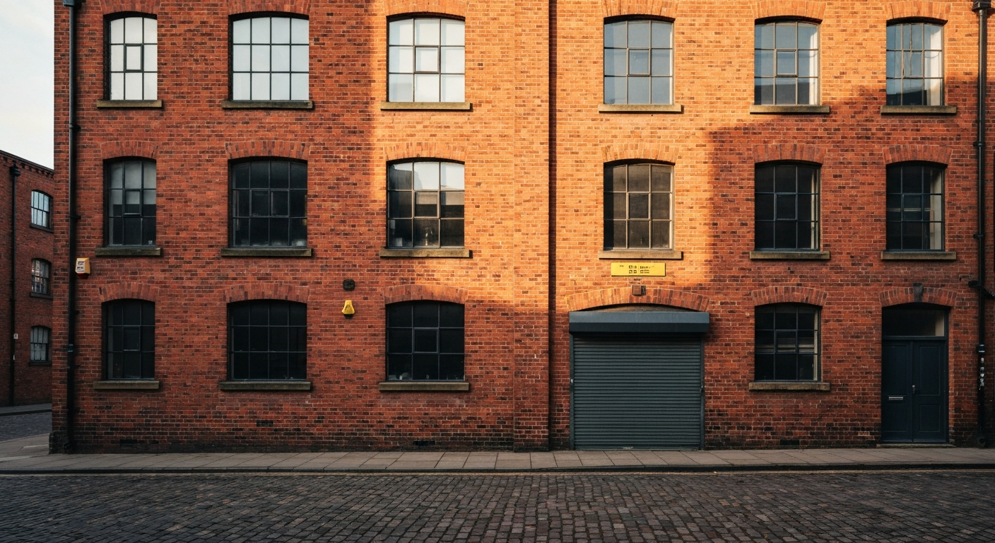 Red-brick warehouse frontage in the Manchester industrial quarter with iron-framed windows and a stamped-steel shutter.